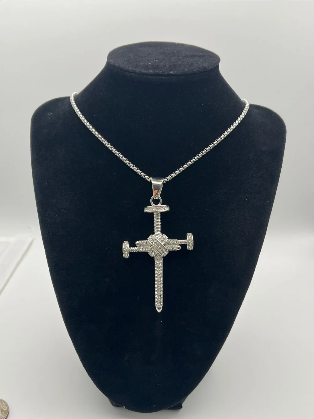 24”, Men's Stainless Steel Nail Cross Pendant Necklace with Pavé Crystals